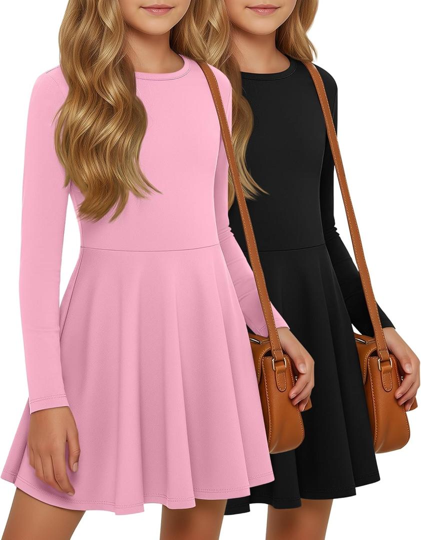 LessonZoo 2 Pack Girls Long Sleeve Dress Skater Twirl a Line Crewneck Casual Fall Dresses for Kids (Black, Light Pink, 11-12 Years)