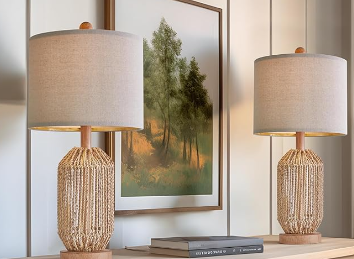 OYEARS 21" Boho Table Lamps Set of 2 for Living Room, Bedside Lamps for Nightstand, Rattan Lamp for Bedroom, Farmhouse Table Lamps for Boho Decor, End Table, Retro, Black
