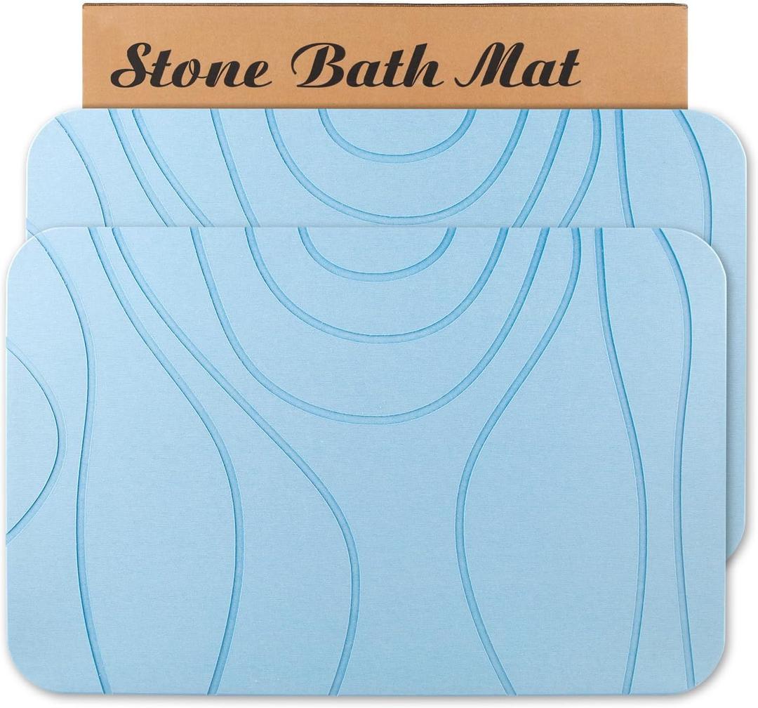 Stone Bath Mat, 2 Pack Diatomaceous Earth Shower Mat, Non-Slip Super Absorbent Quick Drying Bathroom Floor Mat, 24x15, Blue