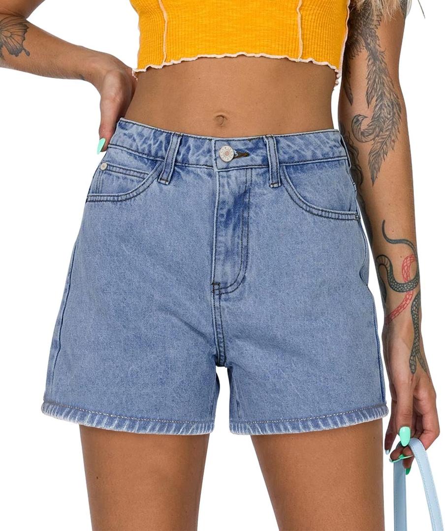 onlypuff Women Denim Shorts Ripped Mid Waisted Jean Shorts with Pockets (Blue, S)