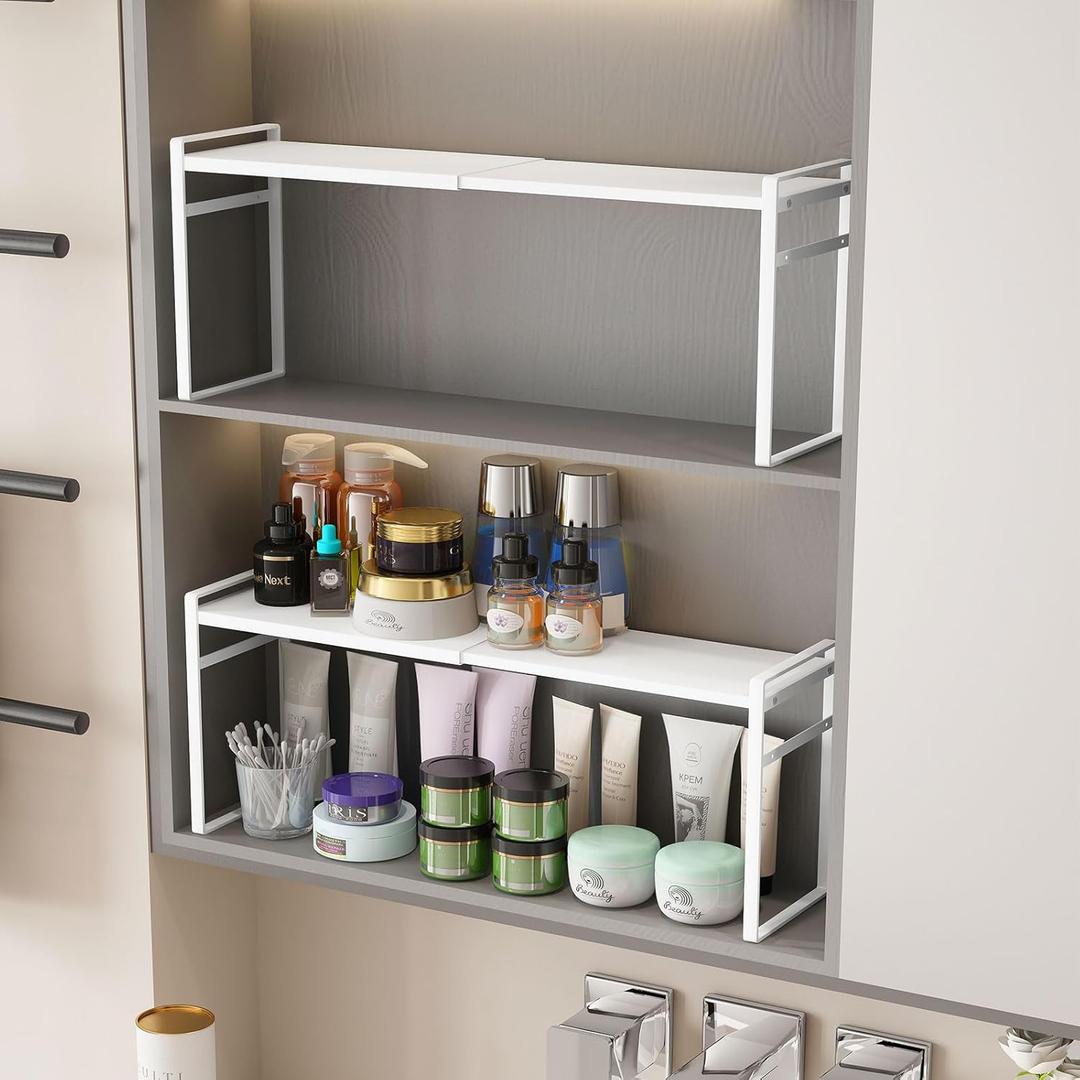 1pcs Medicine Cabinet Organizer Stretchable Storage Box For Bathroom Stackable Mirror Cabinets Vanity Small Narrow Shelf Slim Trays Holder (White, Normal) (13.8-23.6''L*3.5''W*7.5''H)