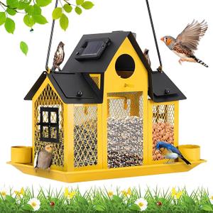 Solar Bird Feeders House for Outside Hanging, Metal Wild Bird Feeder for Outdoors Large Capacity Cardinal Birdfeeder Birdhouses Metal Bird Feeding Station Yellow