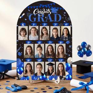 Leinuosen 2026 Graduation Photo Display Kindergarten to 12th Grade Photo Display 12 x 17 Inch School Years Wood Picture Board for Senior High School Graduation Decoration, 2 x 3 Pictures(Blue Black)