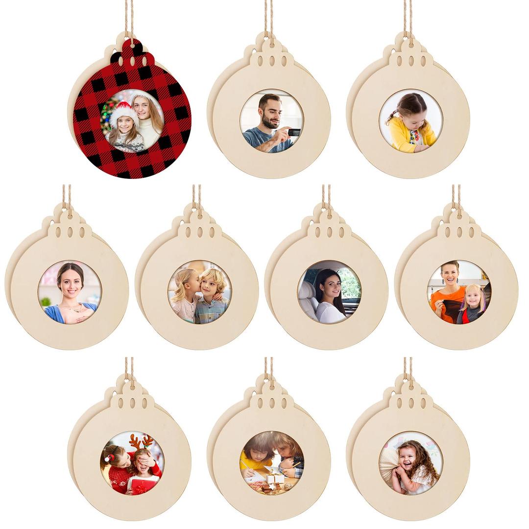 20 Pieces Christmas Wooden Photo Frame Ornaments Crafts Wood Picture Frame Ornaments Pack to Paint DIY Christmas Decor for Crafts Holiday Presents Home Tree Decoration(Ball Style)