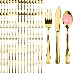 Prestee 300 Count Gold Plastic Silverware Set - Heavy Duty Disposable Cutlery with 100 Forks, 100 Spoons, and 100 Knives - Elegant Gold Plastic Forks and Spoons for Weddings, Holidays, and Parties