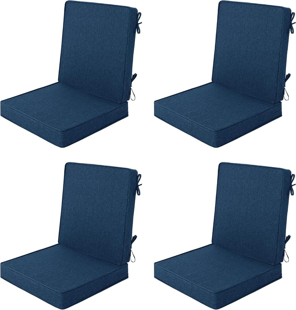Outdoor Chair Cushions, Water-Resistant & Fade-Resistant, Patio Furniture Lawn Dining Chair Seat Replacement with Mid Back, Ties Zipper, Removable Cover, 18 x 16.5 Inch, Set of 4, Navy Blue, 18" x 16.5" 4 Pack