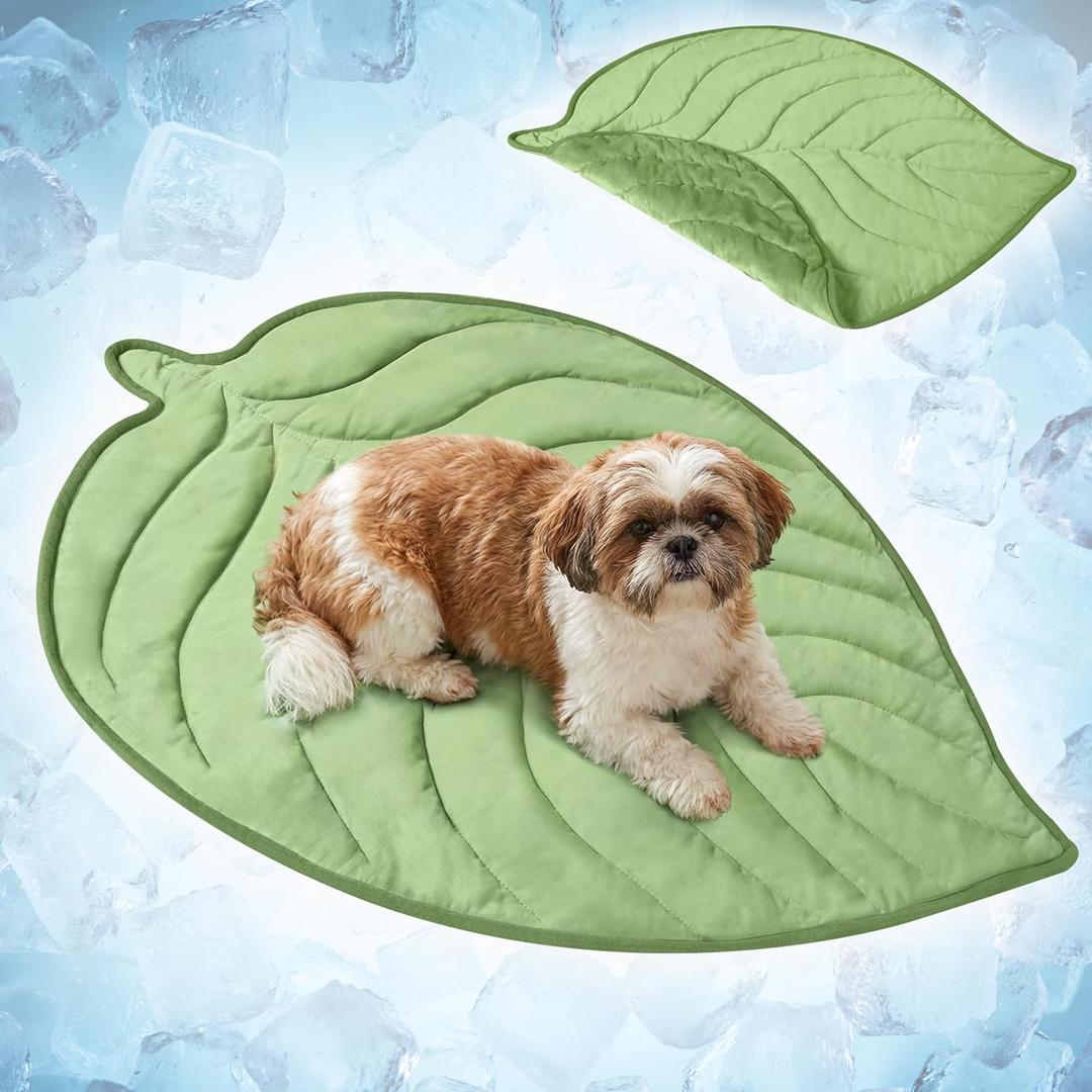 PetAmi Dog Cooling Mat, Leaf Shape, Pet Pad with Cooling Nylon & Soft Fleece, Q-Max > 0.4 Reversible All Season Blanket for Dogs & Cats, Medium 42x48 in, Sage Green