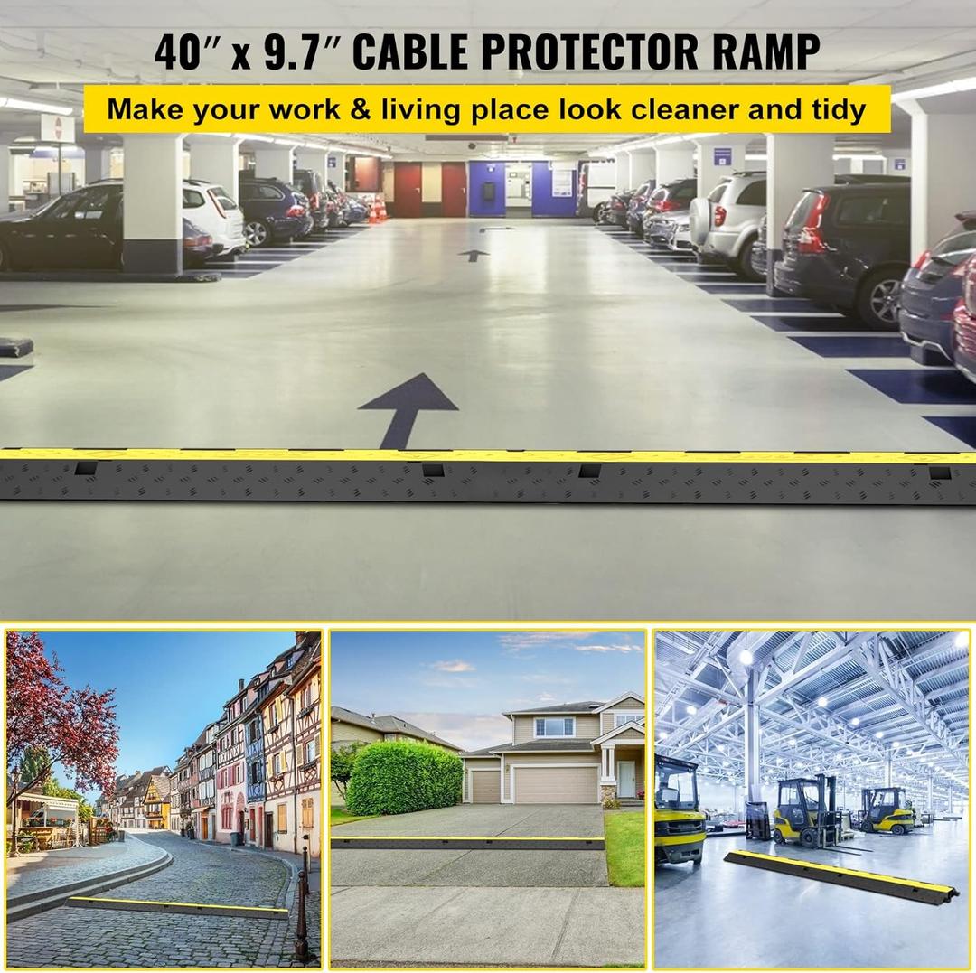 VEVOR Cable Protector Ramp, 4 Packs 2 Channels Speed Bump, Rubber Modular Humps Rated 11000 LBS Load Capacity, Protective Wire Cord Ramp Driveway Rubber Traffic Speed Bumps Cable Protector