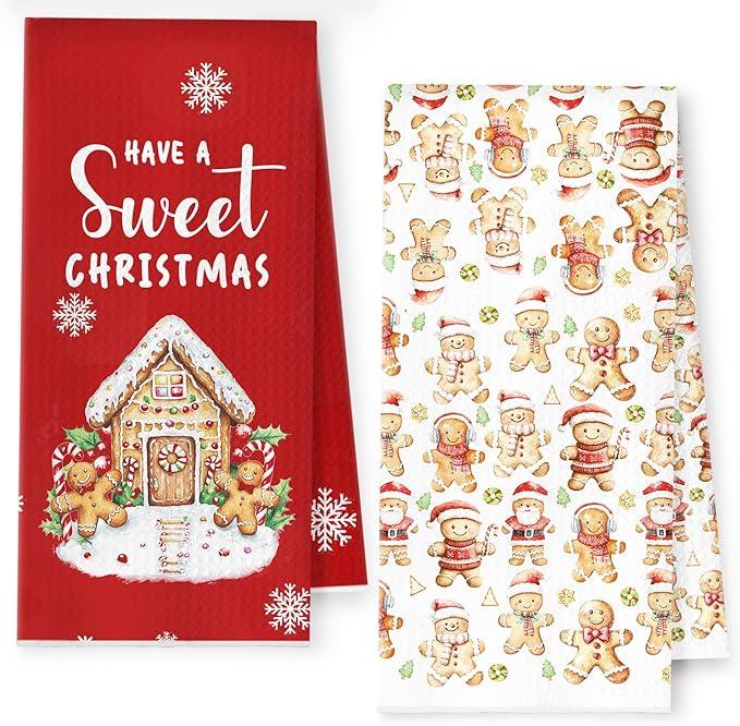 Christmas Gingerbread Kitchen Towels, Ginger Bread Man Red Christmas Dish Tea Towels for Bakery Kitchen, Winter Snowflake Decorative Hand Towel for Bathroom, 16x24 Inch Set of 2