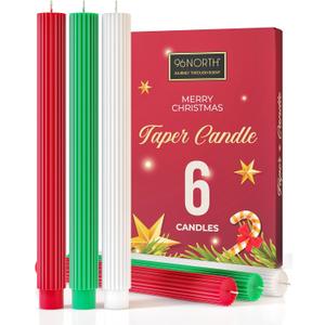 96NORTH 10.6 inch Christmas Candle Sticks, 7/8 inch Base Diameter, Dripless Taper Candles Set of 6, Unscented Holiday Taper Candlesticks, Up to 18 Hours Burning Time, Green White Red Christmas Candles