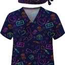 2Pcs Women's Scrubs Set with Cute Printed Scrub Caps V Neck Tops Soft Casual Nurse Uniform with Pockets (Blue, L)