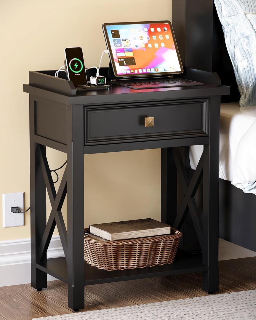 karlott 28" Nightstand with Charging Station, Solid Wood Night Stand with Pre-Assembled Drawer, Painted Bedside Table with Storage Shelf, Farmhouse End Side Table for Bedroom, Living Room, Black