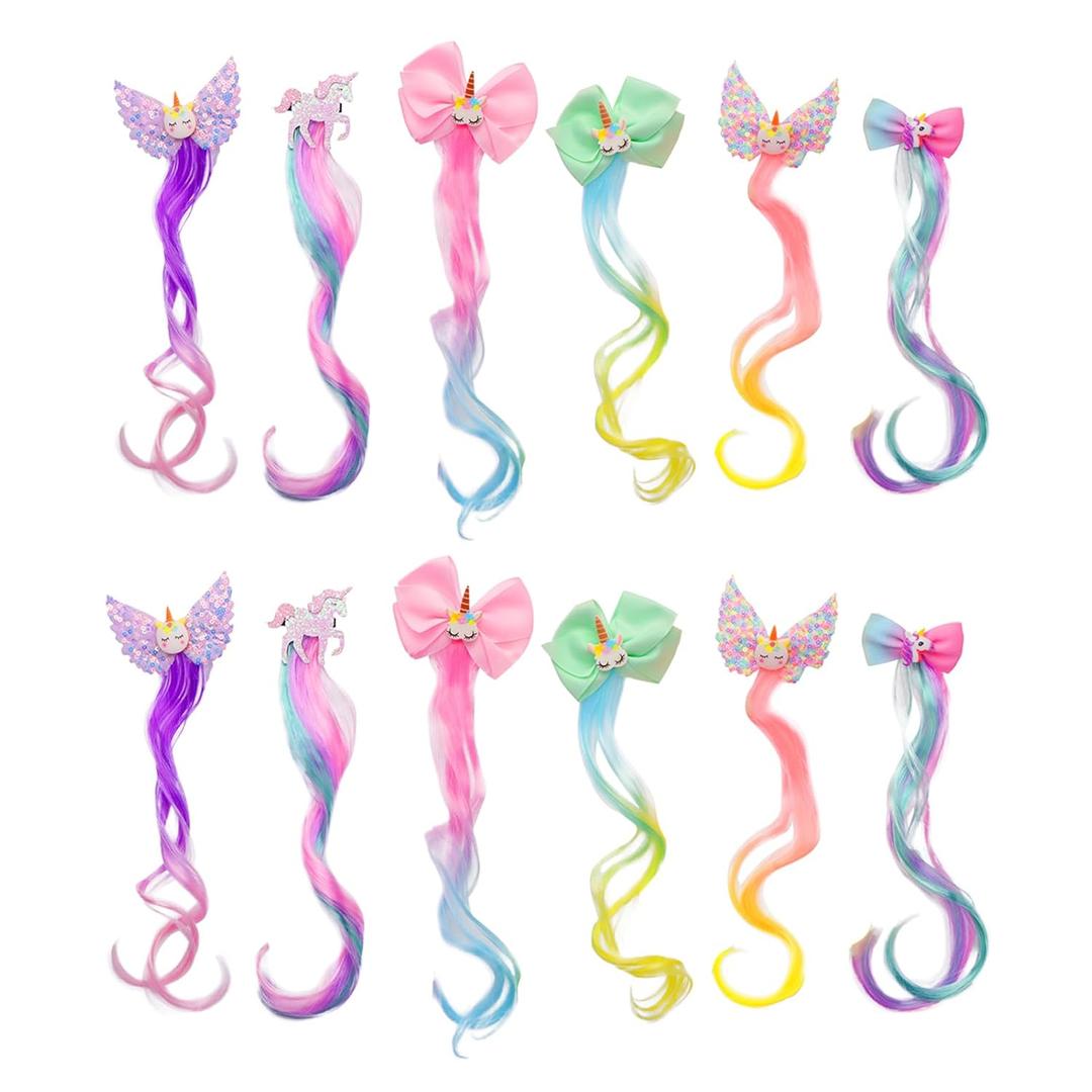 12 Pcs Rainbow Hair Extensions for Kids, Colored Little Girl Hair Clips Accessories, Unicorn Hair Clips for Girls Toddler Kids Ponytails (Curly Hair)