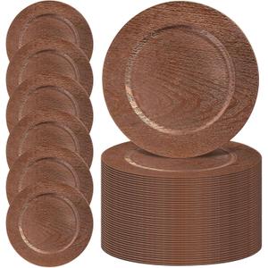 MAONAME 50 PC Brown Charger Plates Bulk, Farmhouse Faux Wood Plate Chargers, 13 inches