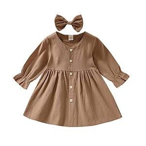 VISGOGO Baby Kids Girl Dresses Outfit Solid Color Long Sleeves Single-Breasted Dress + Headband 2Pcs Clothes (Khaki, 12-18 Months): Clothing, Shoes & Jewelry