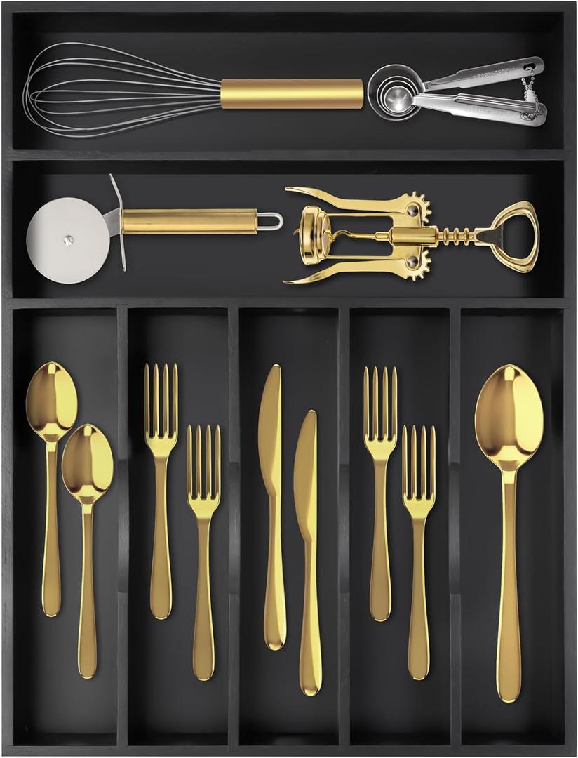 Silverware Organizer Bamboo Kitchen Drawer Organizer Utensil Organizer Silverware Holder Cutlery Organizer in drawer Flatware Organizer Tray (Black 7 Slots)
