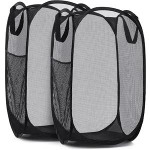 Handy Laundry Collapsible Mesh Pop Up Hamper with Wide Opening and Side Pocket - Breathable, Sturdy, Foldable, and Space-Saving Design for Clothes and Storage (Black | 2-Pack)