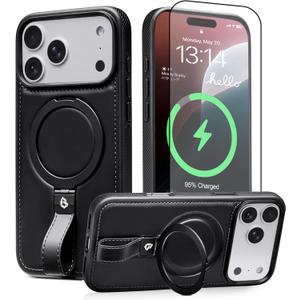 for iPhone 17 Pro Leather Case with Stand, Anti-Slip Grip Ring, Fits for MagSafe (Black, IP17 Pro-6.3inch)