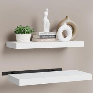 BATODA Set of 2 17" White Floating Shelves Wall Mounted for Bathroom  Wooden Decorative Wall Bookshelf - Storage Shelf Organizer for Home, Bedroom, Kitchen - Black Bracket, Shelving Mounting Included