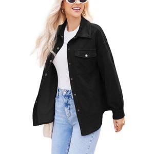 Women Shacket Jacket with Pockets Casual Fall Coat Long Sleeve Shirts Button Down Collared Winnter Clothes (Medium, Black)