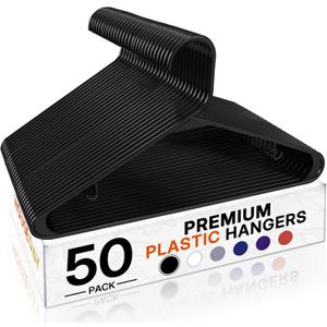 HOUSE DAY Black Plastic Hangers 50 Pack, Plastic Clothes Hangers with Built-in Hooks, Durable and Strong Plastic Coat Hangers for Closet, Space Saving Clothing Hanger for Shirts, Coats, Skirt, Dress