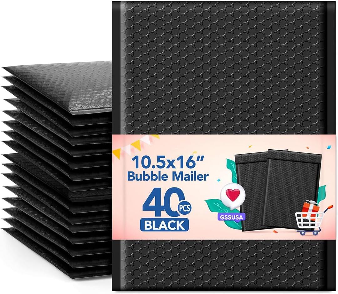 GSSUSA Large Bubble Mailers10.5x16 Padded Envelopes 40 Pack Black Padded Mailers Usable Size 10.5x15" Self-Seal Bubble Envelopes for Small Bubble Mailer,Packaging for Clothes,Magazines