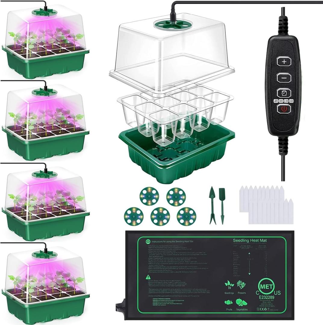 Seed Starter Tray with Heat Mat and Grow Light,5 Pack Seedling Starter Trays with Time Controller, Seedling Starter Tray with Adjustable Brightness, Seed Starting Kit with Adjustable Humidity