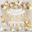White and Gold Birthday Party Decorations Kit for Women Girls, Gold White Sand Confetti Foil Balloons Happy Birthday Banner Fringe Curtains Butterfly Garland Baptism Communion Supplies