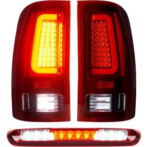 LED Tail Lights Assembly + 3rd Third Brake Cargo Lamp Fit for GMC Sierra 1500 07-13 (SL, SLE, SLT, WT), 2500HD 3500HD 07-14 (only fit 3500HD with Single Rear Wheel Model), Chrome Housing Red Lens