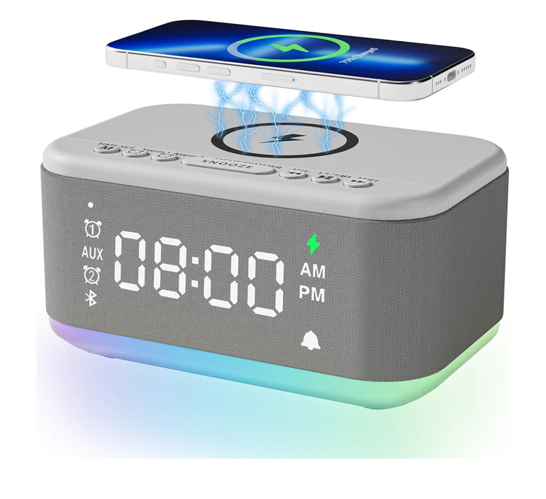 Alarm Clock Speaker Wireless Charger, Digital Alarm Clocks Bedrooms Bluetooth, Alarm Clock Dimmable Light Bedrooms Dual Alarm Snooze Dimmer 12 24H RGB Night Light Bluetooth USB AUX, Gray