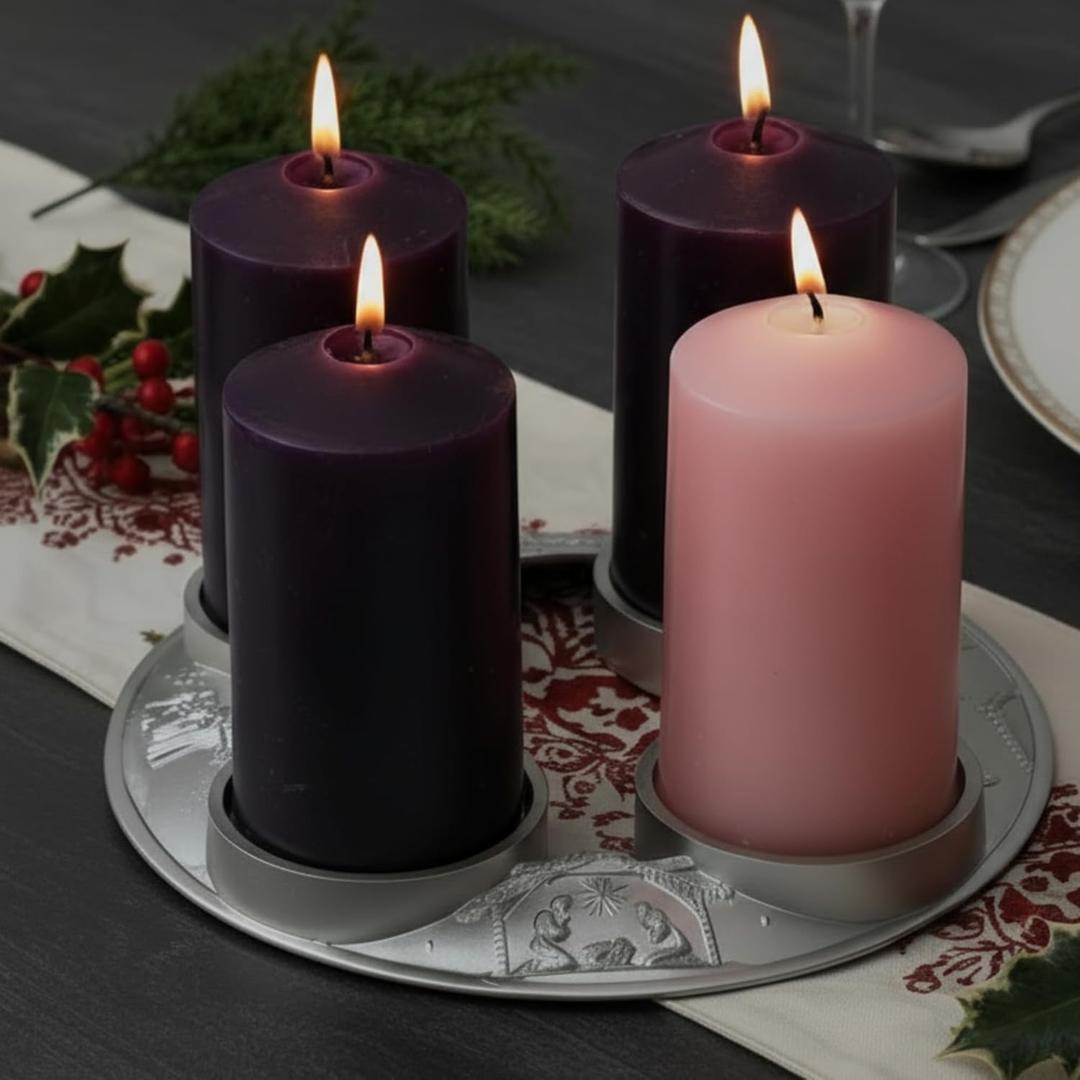 Shellwei Nativity Scene Advent Wreath Pillar Candle Holder, Metal Advent Wreath Ring Candleholder Nativity Scene Candle Holder for Xmas Centerpiece Decor Church (3 Inch Pillar Candles Not Included)