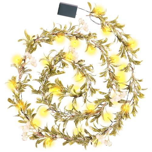 HUZIYAHAN 9FT Christmas Winter Mistletoe Olive Garland with White Berries, Christmas Greenery Garland with 30 LED Lights, Pre-lit Garlands for Mantel Fireplace Stair Table Winter Holiday Decorations
