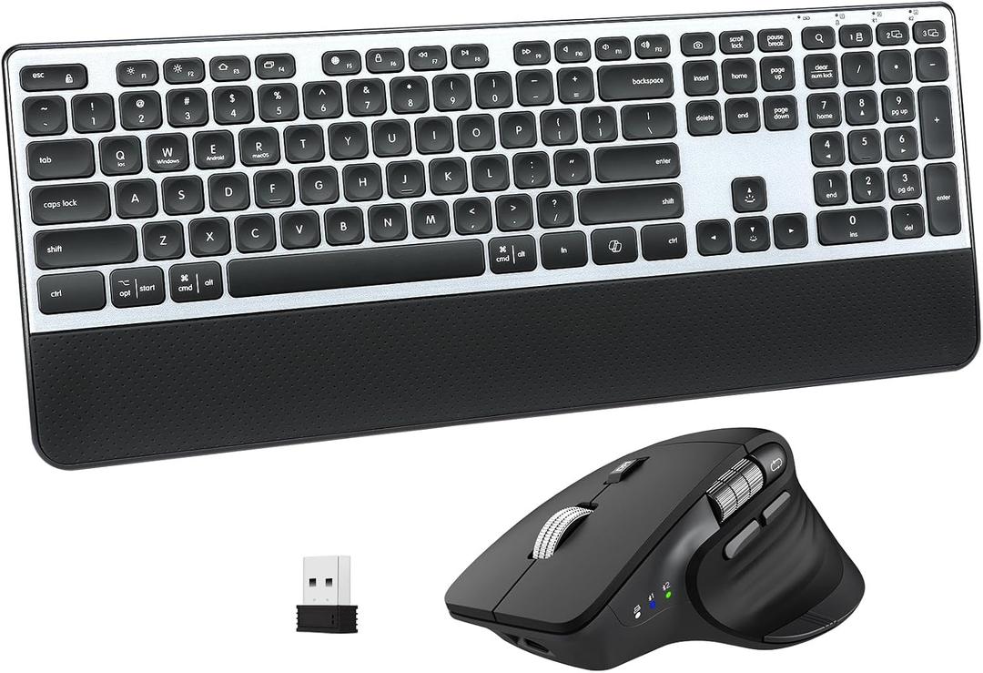Wireless Keyboard and Mouse Combo, 2-in-1 USB Receiver & Dual Bluetooth, Scissor-Switch Keys, Smart Flying Scroll for Windows, Mac, Linux, Chrome  Ideal for Office & Students (US Layout)
