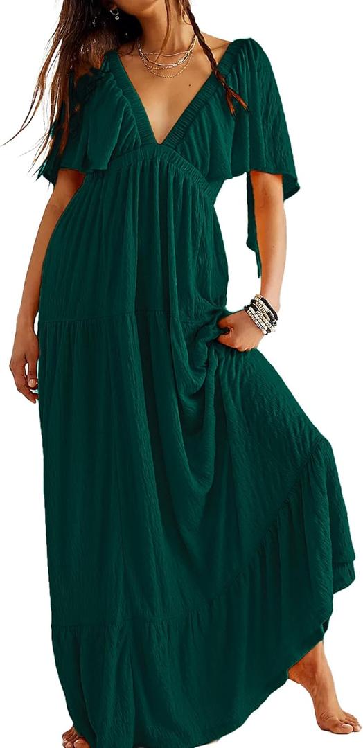 Kikibell Women Summer Dresses Sexy V-Neck Maxi Dress Tiered Silhouette with Flutter Sleeve Backless Elastic Waist Flowy Dress (Small, Dark Green)