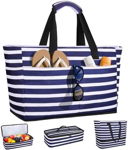 ISEYOU Beach Bag with Cooler, 49L Large Waterproof Sandproof Tote with Zipper, Foldable Travel Bag for Beach, Pool, Picnic
