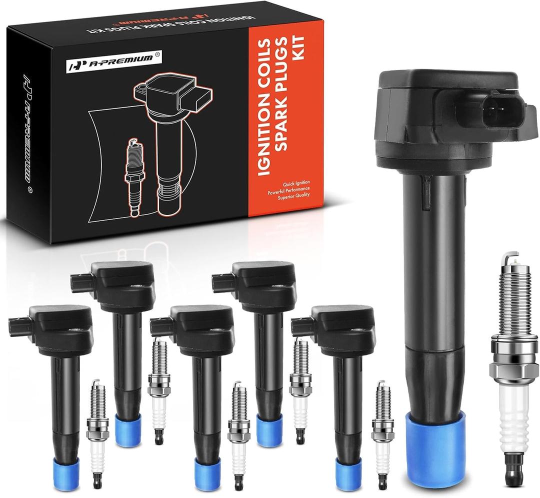 A-Premium Set of 6 Ignition Coil Pack and Iridium Spark Plugs Compatible with Honda Accord 2008-2012 Crosstour Odyssey & Acura RL TL TSX 3.5L 3.7L (Black)