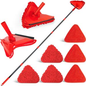NEWE Wall Mop Cleaner, 80 inches Long Handle, 180 Folding Ceiling Cleaning Tool with Squeegee for Washing Painted Walls, Triangle Baseboard Scrubber with 3 Chenille Duster and 3 Microfiber Pads (Red)