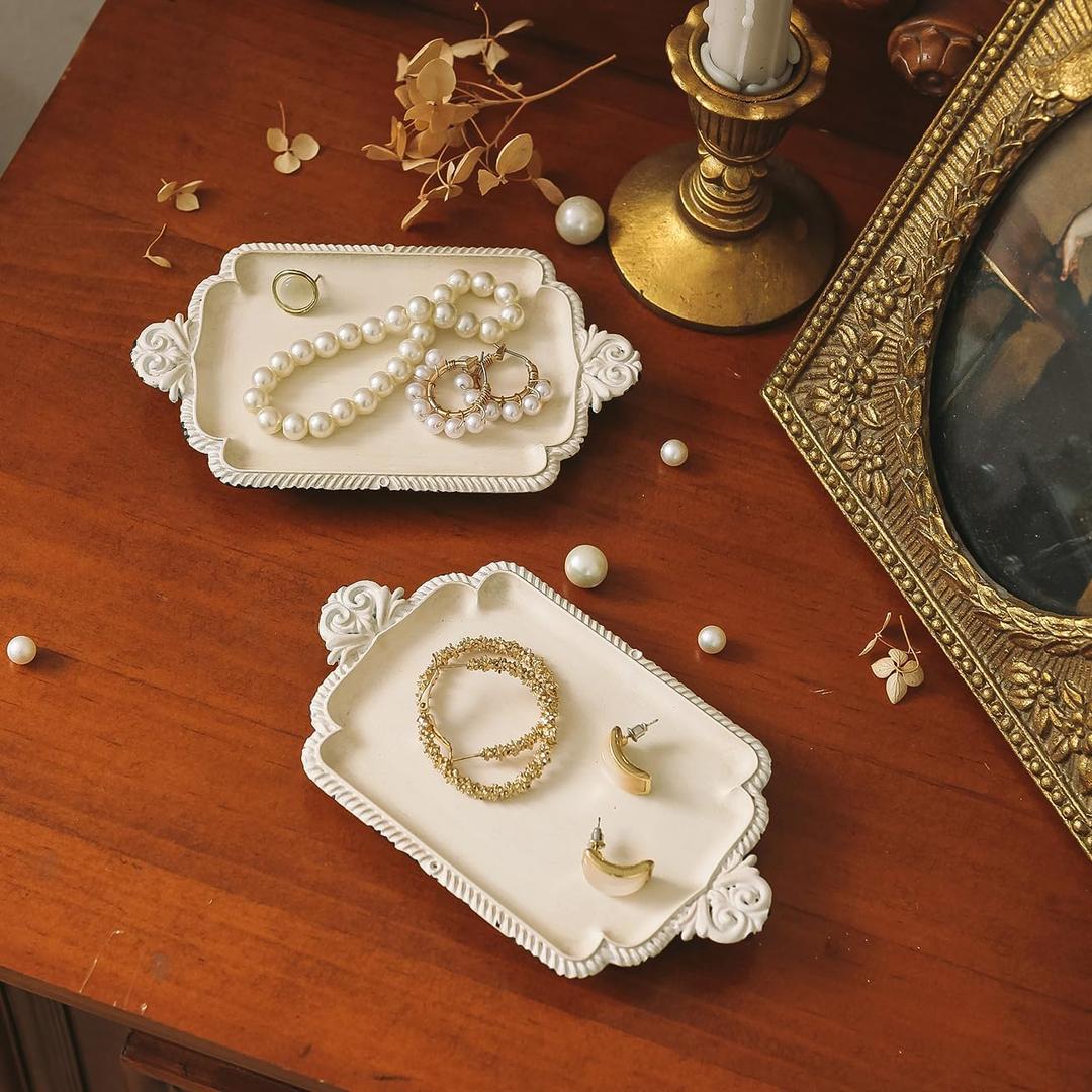 NIKKY HOME Small Jewelry Dish Ring Holder, Set of 2 Vintage Trinket Display Decorative Metal Tray Classy Birthday Christmas Gifts, Distressed White