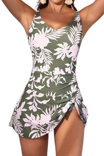 Aidonger One Piece Swim Dress Swimsuits for Women Tummy Control Swimdress Skirt V Neck Bathing Suit, 2XL