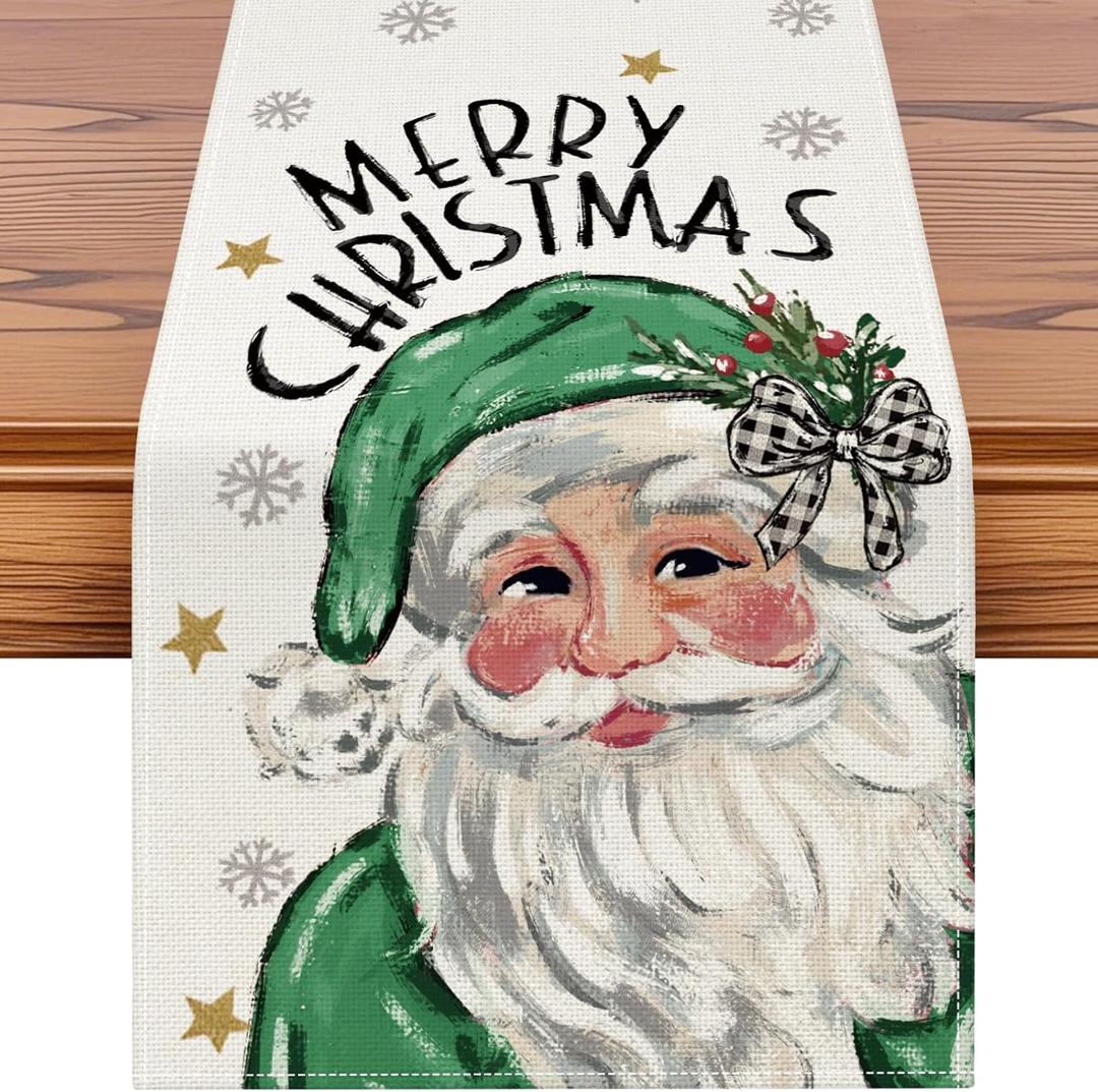 3 x Artscope Merry Christmas Santa Claus Table Runner, Xmas Winter Snowflakes Holiday Kitchen Dining Table Decoration for Christmas Home Party Decor 13x60 Inch-Green