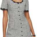 YEXPINE Women's Square Neck Tweed Mini Dress Short Sleeve Button Front Cocktail Party Dress M