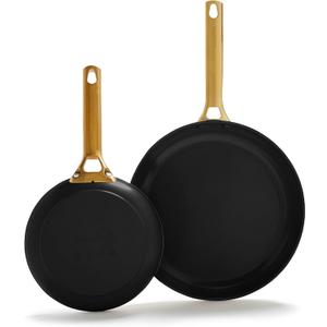 GreenPan Hard Anodized Healthy Ceramic Nonstick 8" and 10" Frying Pan Skillet Set, Gold Handle, PFAS-Free, Dishwasher Safe, Oven Safe, Black