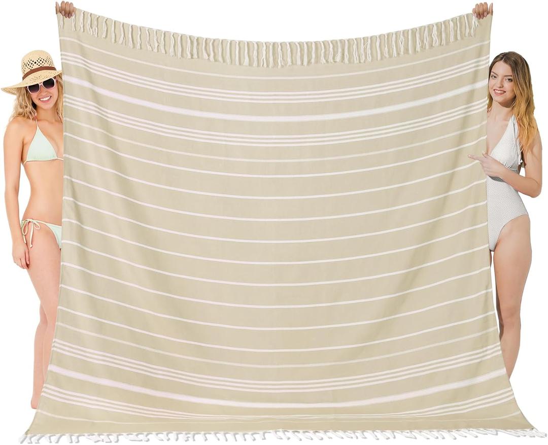 Oversized Turkish Beach Towel Blanket XXL Cotton Sandproof Towels Boho Woven Extra Large Big Sand Free Giant Throw Blankets Huge Quilt XL Picnic Camping Necessities Cloud For Adult Gifts Beige (XXL(85x75 IN,215x190 CM))