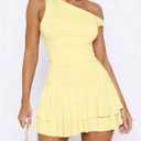 ForeFair Women's Sexy Off Shoulder Bodycon Mini Dresses Sleeveless Ruffle Hem Party Club Short Dress (Yellow, S)