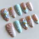 24Pcs Blue Summer Press on Nails Medium Almond Fake Nails 3D Flower Acrylic Nails with Gold Beads Starfish Charms Handmade Nails French Tip Glue on Nails Ocean Beach False Nails for Women Girls