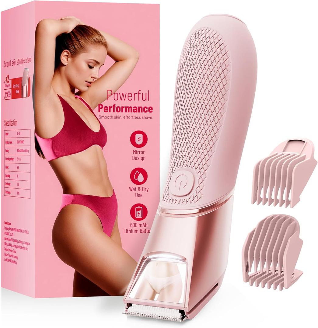 Bikini Trimmer for Women with Mirror & LED Light, Ceramic Blades & Travel Lock - Body Groomer IPX7 Waterproof Use for Legs/Arm/Underarm - Baby Pink