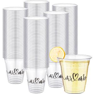Dandat Disposable Wedding Plastic Cups Bulk 10oz Wedding Reception Cup Disposable Clear Plastic Glasses for Reception Supplies Bridal Shower Anniversary Birthday Party (200 Pack,Mr and Mrs)
