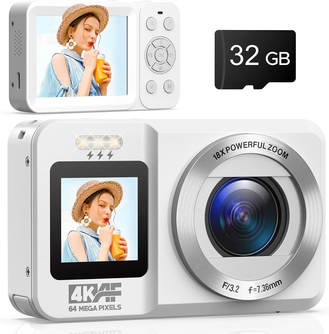 Digital Camera, 4K 64MP UHD Dual Screens Camera, 18X Digital Zoom, Portable Point and Shoot Camera with 32GB TF Card & Battery, Rechargeable Small Camera for Kids Teens Adult Beginner, White