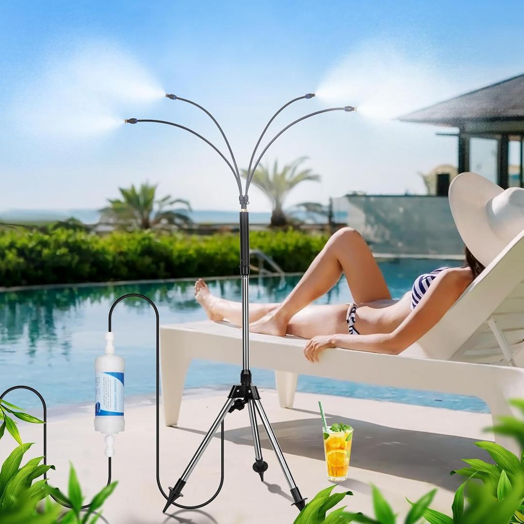 Standing Misters for Outside Patio with Filter - Adjustable Height 3.2-4.1FT Misting System Line 26.5FT Portable Water Misters for Cooling Outdoor with Tripod Base Stand Mister for Backyard Pool Party