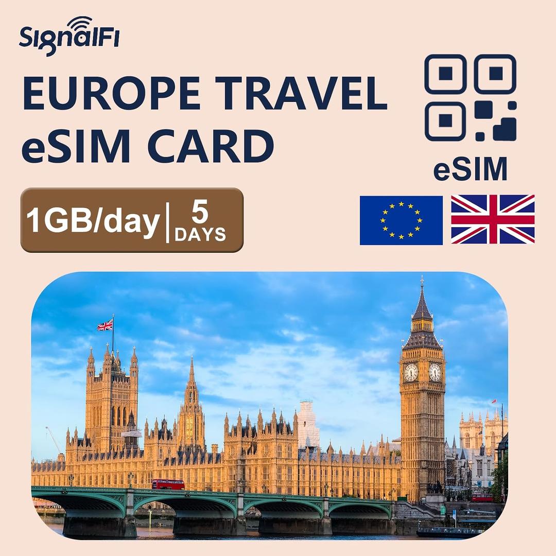 Europe eSIM 5GB 5days, 1GB/Daily High-Speed 4G Data | Prepaid eSIM for Travel, Covers 33 European Countries, Unlocked iOS & Android, Data Only, No Voice/SMS